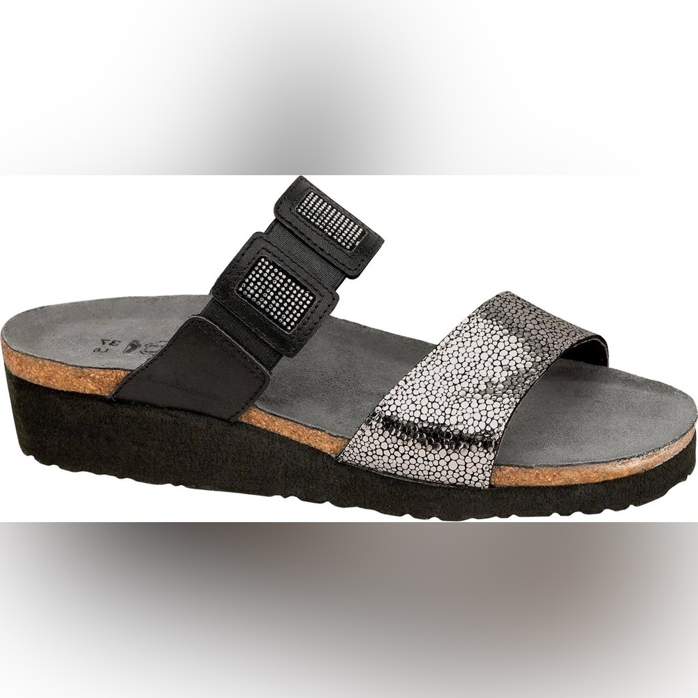 NWB Naot Emma Slip-On Sandals - Silver, Black Size 38